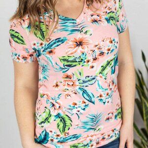 NWT Michelle Mae Pink Floral V-neck Short Sleeve Top 2XL